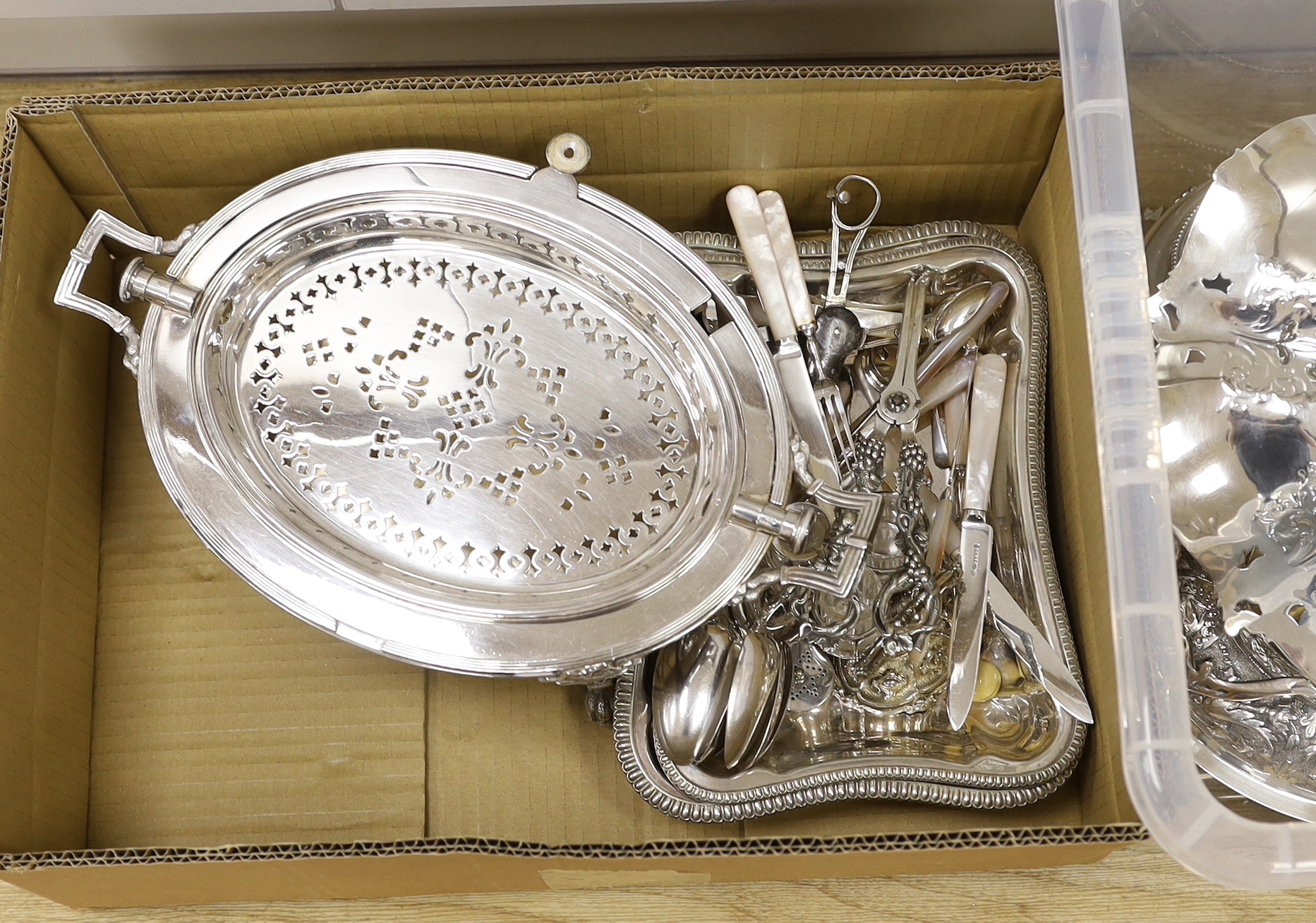 A quantity of plated tureens, serving dishes, a revolving breakfast dish, assorted cutlery, grape scissors etc (2 boxes)
